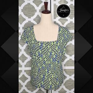Charter Club Petite Black Green White Geometric Square Neck Top Size PM